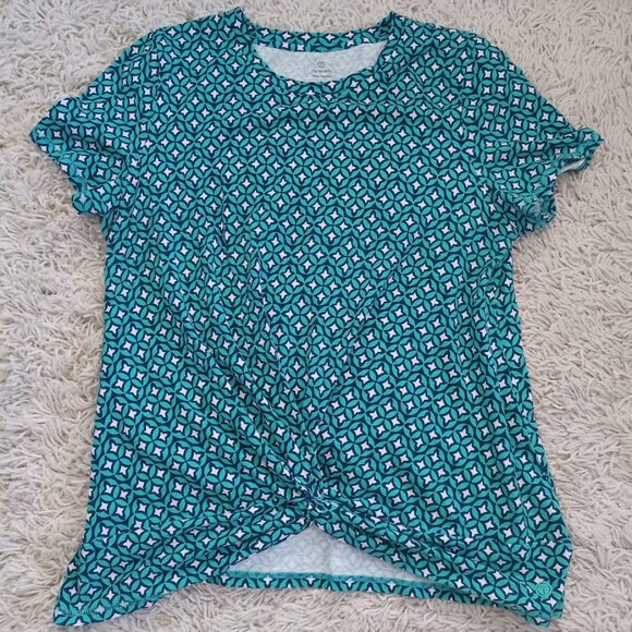 T by Talbots Women’s L Green Blue Geometric Print Short Sleeve Knit Top Cotton - Picture 1 of 7